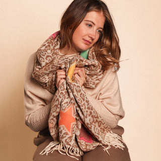 SCARF WINTER WEIGHT ANIMAL AND STARS CARAMEL