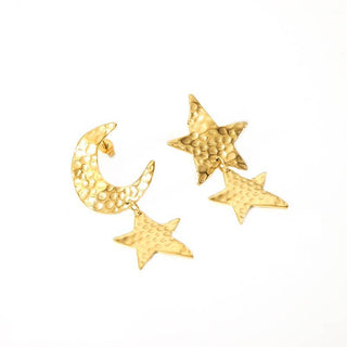 Hammered Star and Moon Double Drop Earring in Gold