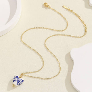 Porcelain Print Heart Necklace in White, Blue & Gold