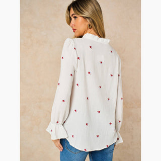 Floral Long Sleeve Double Gauze Cotton Shirt in White