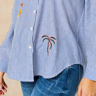 Embroidered Striped Long Sleeve Cotton Shirt in Blue