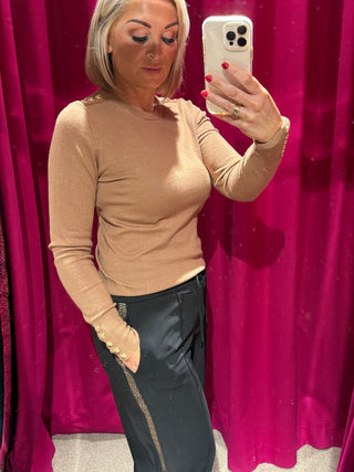 Wide Leg Trouser with side Geo detail in Black/Geo Gold