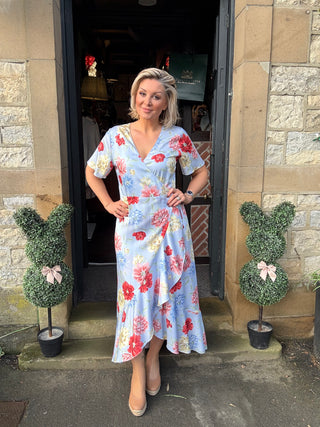 FLORAL PRINT WRAP SS FRILL DRESS