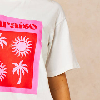 Paraiso Short Sleeve Cotton T-Shirt in White/Pink