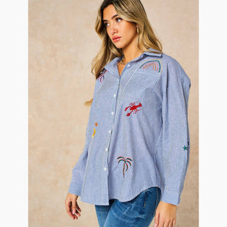 Embroidered Striped Long Sleeve Cotton Shirt in Blue