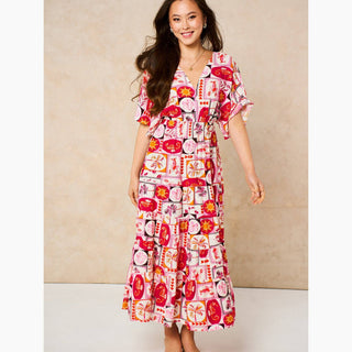 Postcard Print Maxi Kaftan Dress in Pink