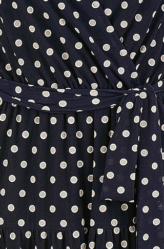 Yumi Navy Dot Print Mesh Stretch Midi Skater Dress: Navy
