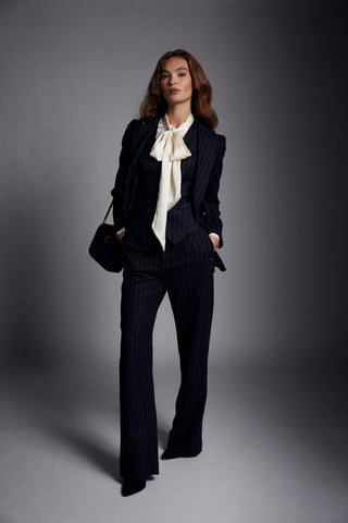 High Waisted Straight Trouser Navy Chalk Pinstripe