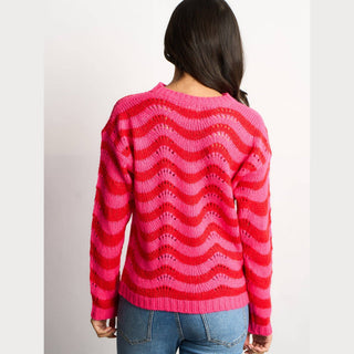 Wave Stripe Scalloped Italian Wool Blend Jumper in Pink/Red: One-size