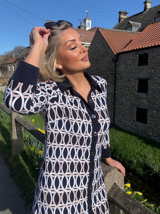 Silky Knit Geometric Print A-Line Shirt Dress