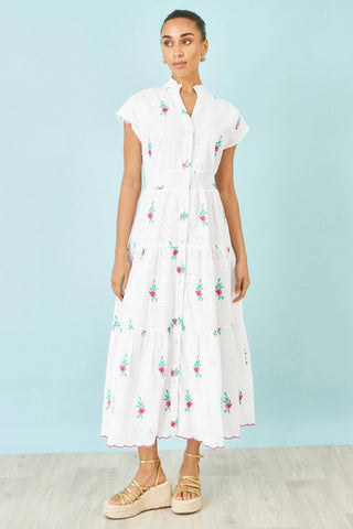Yumi White Cotton Broderie Anglaise Embroidered Midi Dress