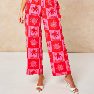 Sun & Palm Tree Wide Leg Trousers in Hot Pink