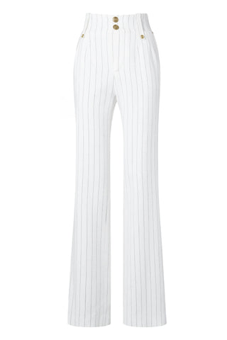 High Waisted Straight Trouser Oyster Linen Pinstripe