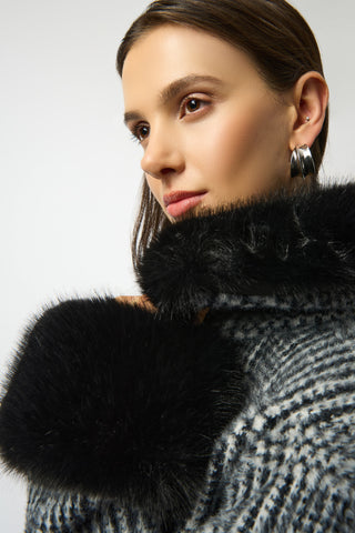 Feather Yarn Plaid Jacquard Coat with Faux Fur Trim