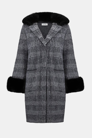 Feather Yarn Plaid Jacquard Coat with Faux Fur Trim