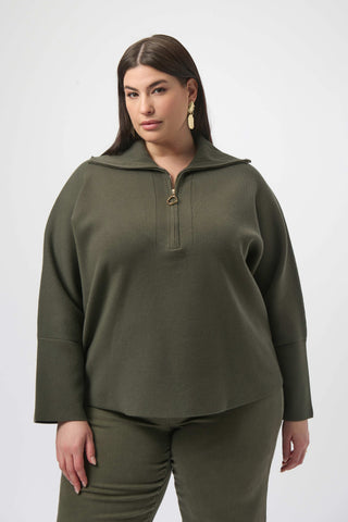 Sweater Knit Boxy Pullover With Zipped Collar Avocado
