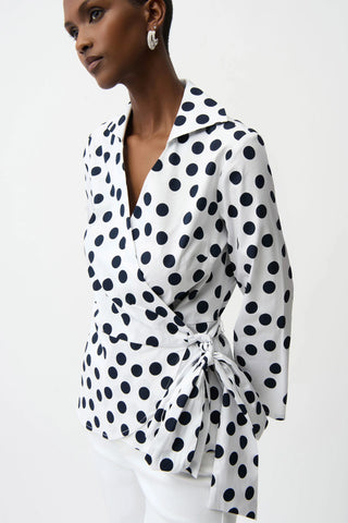 Stretch Cotton Dot Print Wrap Top With Sash