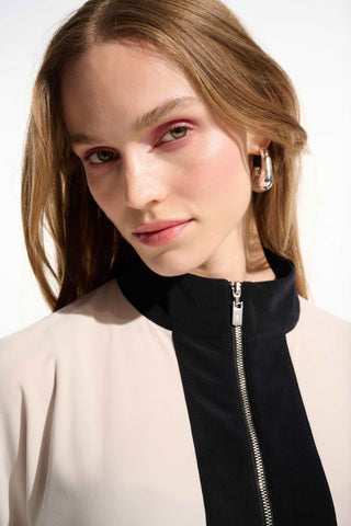 Silky Knit Colour Block Straight Top With Zipped Collar