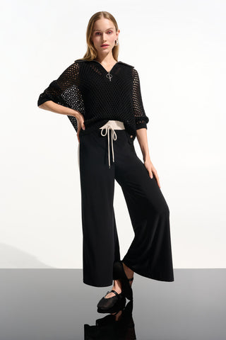Vicscose Blend Boxy Sweater Knit With Zipped Neckline BLACK