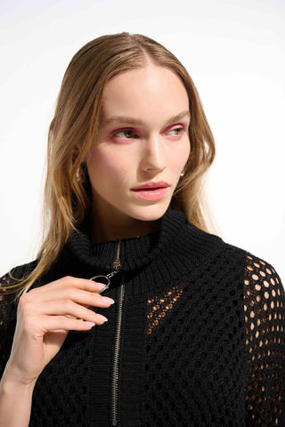 Vicscose Blend Boxy Sweater Knit With Zipped Neckline BLACK