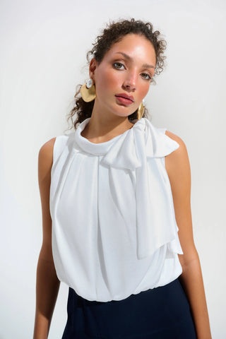 Silky Knit And Satin Wide Leg Jumpsuit With Contrast Bodice And Neck Bow Tie