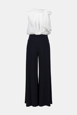 Silky Knit And Satin Wide Leg Jumpsuit With Contrast Bodice And Neck Bow Tie