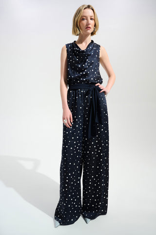 Satin Dot Print Wide Leg Pants With Contrast Sash