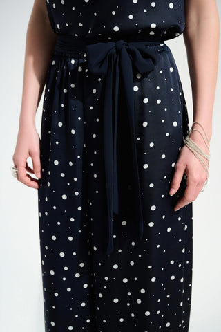 Satin Dot Print Wide Leg Pants With Contrast Sash