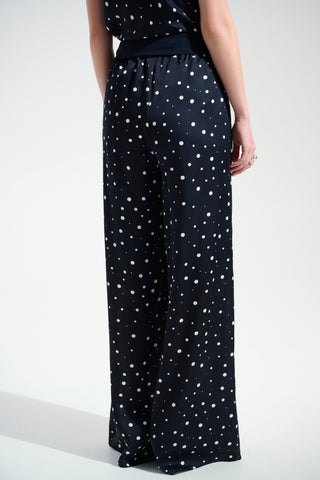 Satin Dot Print Wide Leg Pants With Contrast Sash