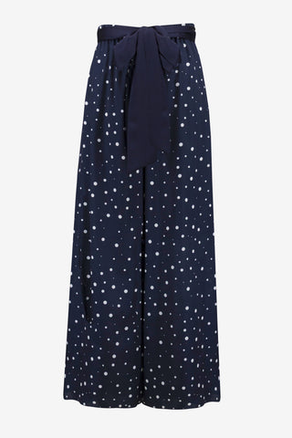 Satin Dot Print Wide Leg Pants With Contrast Sash