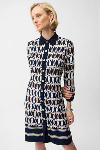 Silky Knit Geometric Print A-Line Shirt Dress