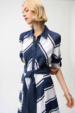 Cotton Stripe Print Fit and Flare Shirt Dress with Reversible Sash