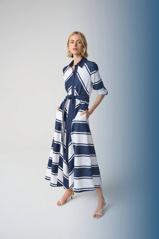 Cotton Stripe Print Fit and Flare Shirt Dress with Reversible Sash