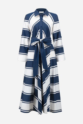Cotton Stripe Print Fit and Flare Shirt Dress with Reversible Sash