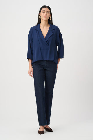 Woven Twill Boxy Top With Notched Collar