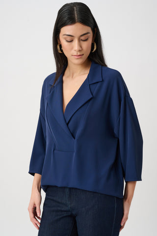 Woven Twill Boxy Top With Notched Collar