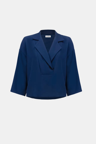 Woven Twill Boxy Top With Notched Collar