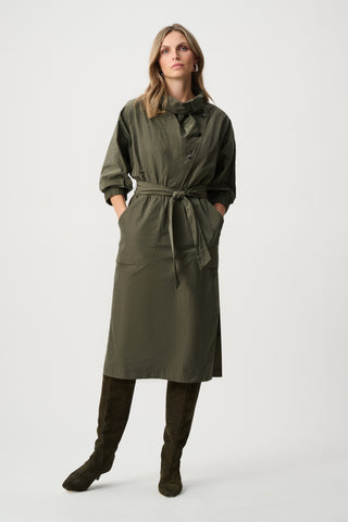 Memory Fabric Cowl-Neck Belted Dress