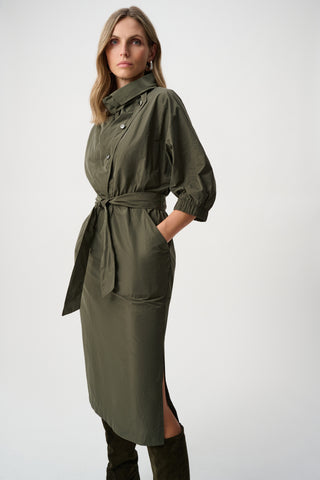 Memory Fabric Cowl-Neck Belted Dress