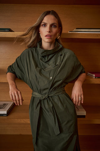 Memory Fabric Cowl-Neck Belted Dress