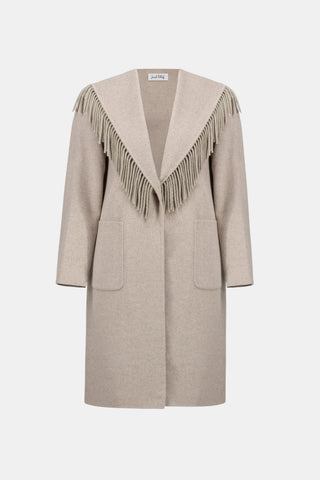 Wool Blend Shawl Collar Fringed Coat