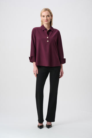 Stretch Poplin Shirt-Collar Boxy Top Elderberry