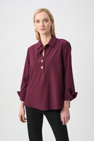 Stretch Poplin Shirt-Collar Boxy Top Elderberry