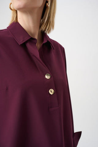 Stretch Poplin Shirt-Collar Boxy Top Elderberry