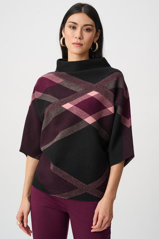 Brushed Viscose And Nylon Plaid Funnel-Neck Sweater