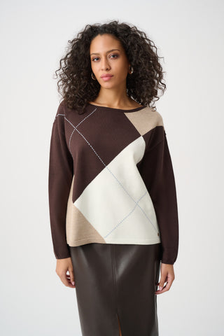 Brushed Viscose Knit Argyle Pattern Crewneck Sweater