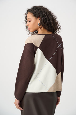 Brushed Viscose Knit Argyle Pattern Crewneck Sweater