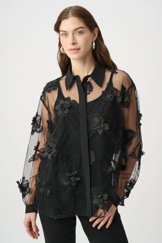 Sheer Textured Flower Appliqué Blouse
