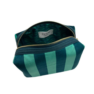 Teal stripe makeup bag & Gold Sparkle Eye brooch