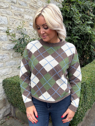 Wool yarn Argyle jumper - MARRON GLACE'
